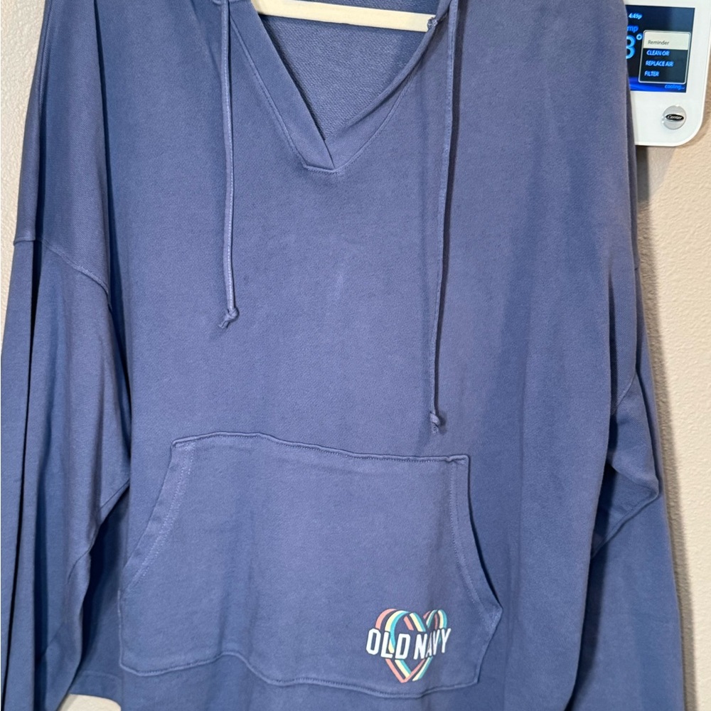Old Navy Blue V-Neck Pullover Hoodie with Heart Logo